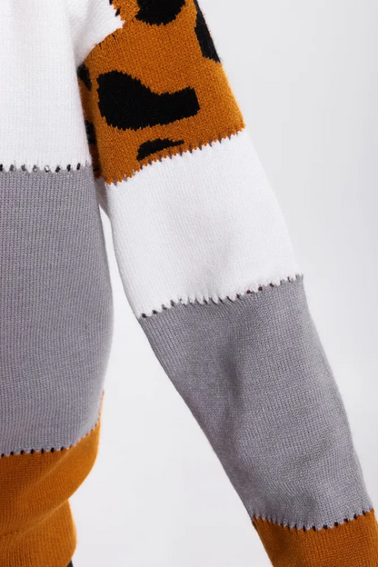 Femme Pull Oversize - Tricot Doux - Motif Animal - Bordures Côtelées - Décontracté