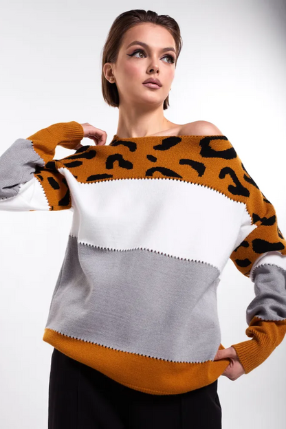 Femme Pull Oversize - Tricot Doux - Motif Animal - Bordures Côtelées - Décontracté