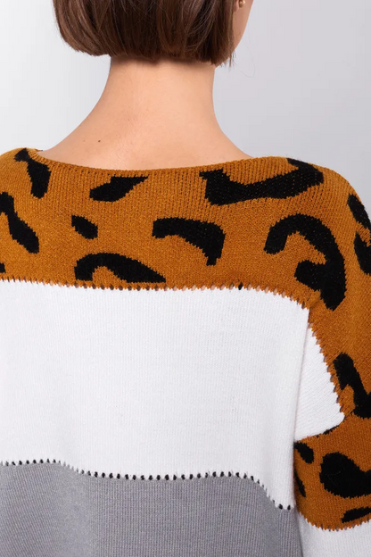 Femme Pull Oversize - Tricot Doux - Motif Animal - Bordures Côtelées - Décontracté