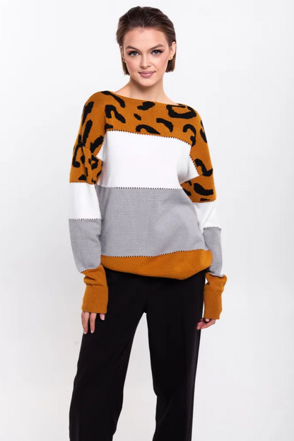 Femme Pull Oversize - Tricot Doux - Motif Animal - Bordures Côtelées - Décontracté