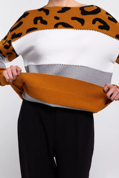 Femme Pull Oversize - Tricot Doux - Motif Animal - Bordures Côtelées - Décontracté