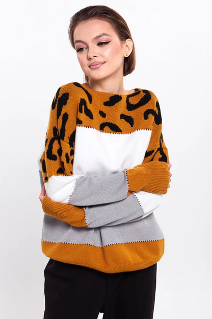Femme Pull Oversize - Tricot Doux - Motif Animal - Bordures Côtelées - Décontracté