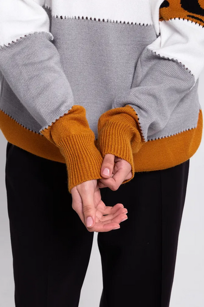 Femme Pull Oversize - Tricot Doux - Motif Animal - Bordures Côtelées - Décontracté