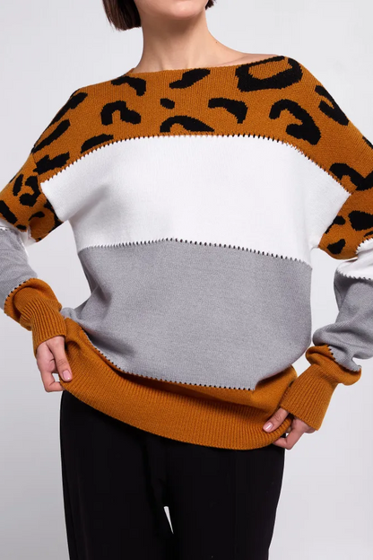 Femme Pull Oversize - Tricot Doux - Motif Animal - Bordures Côtelées - Décontracté