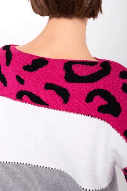 Femme Pull Oversize - Tricot Doux - Motif Animal - Bordures Côtelées - Décontracté
