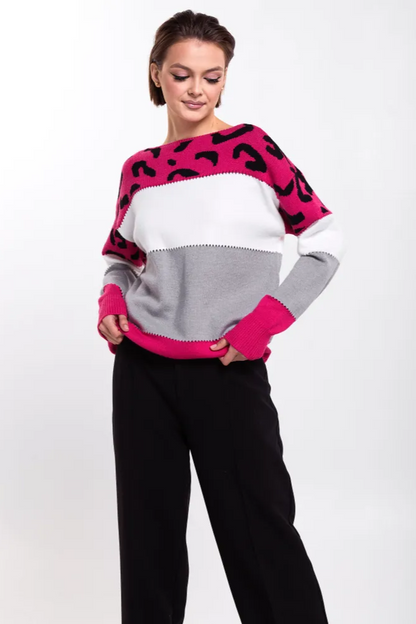 Femme Pull Oversize - Tricot Doux - Motif Animal - Bordures Côtelées - Décontracté