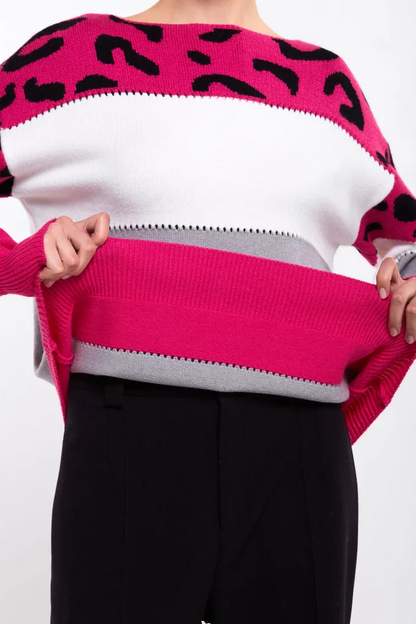 Femme Pull Oversize - Tricot Doux - Motif Animal - Bordures Côtelées - Décontracté