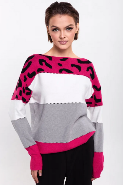 Femme Pull Oversize - Tricot Doux - Motif Animal - Bordures Côtelées - Décontracté
