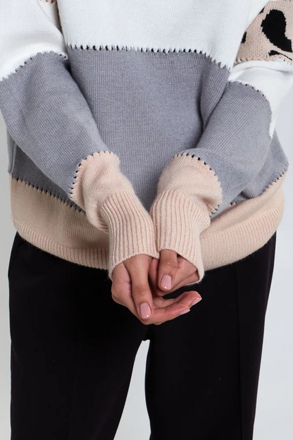Femme Pull Oversize - Tricot Doux - Motif Animal - Bordures Côtelées - Décontracté