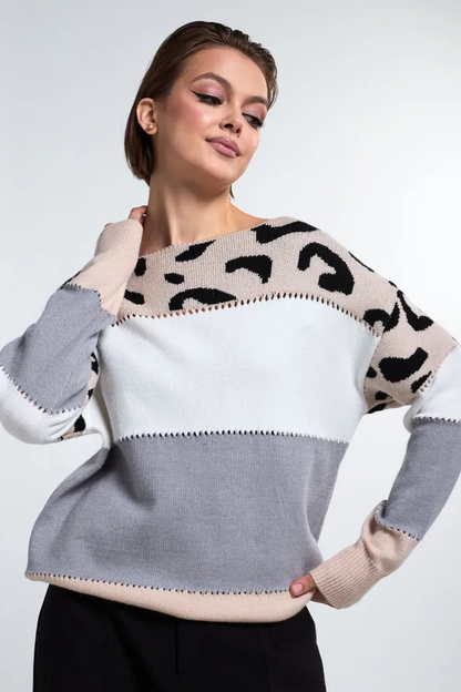 Femme Pull Oversize - Tricot Doux - Motif Animal - Bordures Côtelées - Décontracté