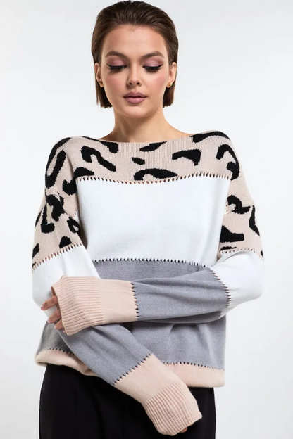 Femme Pull Oversize - Tricot Doux - Motif Animal - Bordures Côtelées - Décontracté
