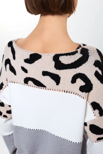 Femme Pull Oversize - Tricot Doux - Motif Animal - Bordures Côtelées - Décontracté