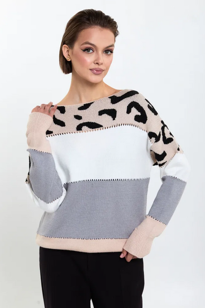 Femme Pull Oversize - Tricot Doux - Motif Animal - Bordures Côtelées - Décontracté