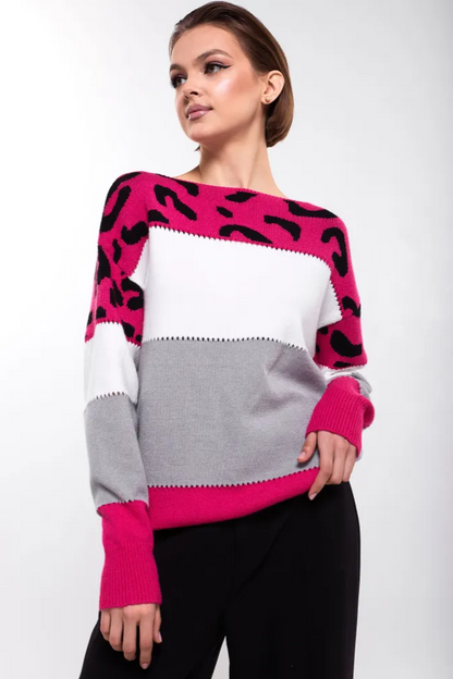 Femme Pull Oversize - Tricot Doux - Motif Animal - Bordures Côtelées - Décontracté
