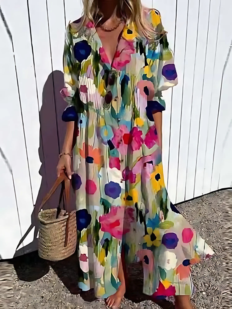 Robe longue femme – Coupe décontractée – Tissu respirant – Boutonnée – Imprimé rétro