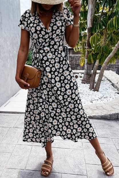 Robe femme midi – Coupe décontractée – Manches courtes – Imprimé floral fluide