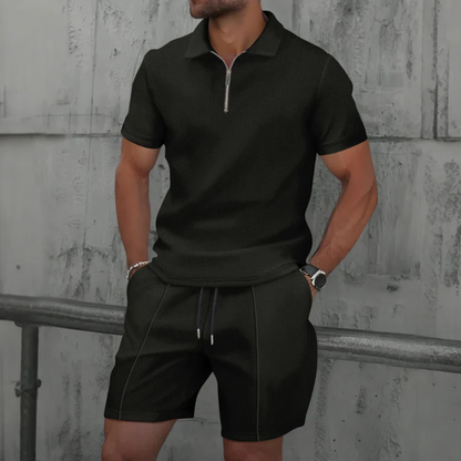 Ensemble coordonné homme – Polo slim avec zip – Maille douce – Short mi-cuisse