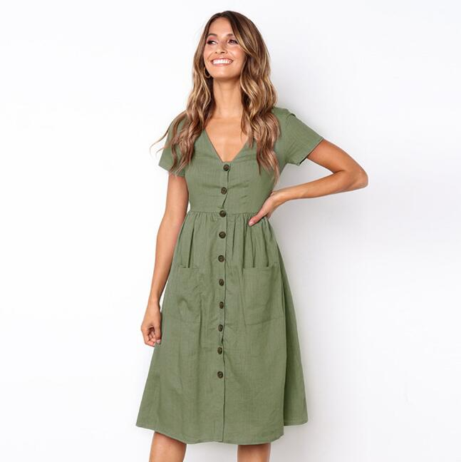Robe Midi Femme – Coupe Ample – Tissu Respirant – Manches Courtes – Boutonnée