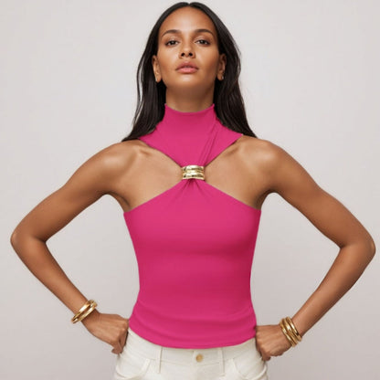 Débardeur femme – Coupe slim – Encolure dos nu – Détail anneau métal – Maille douce
