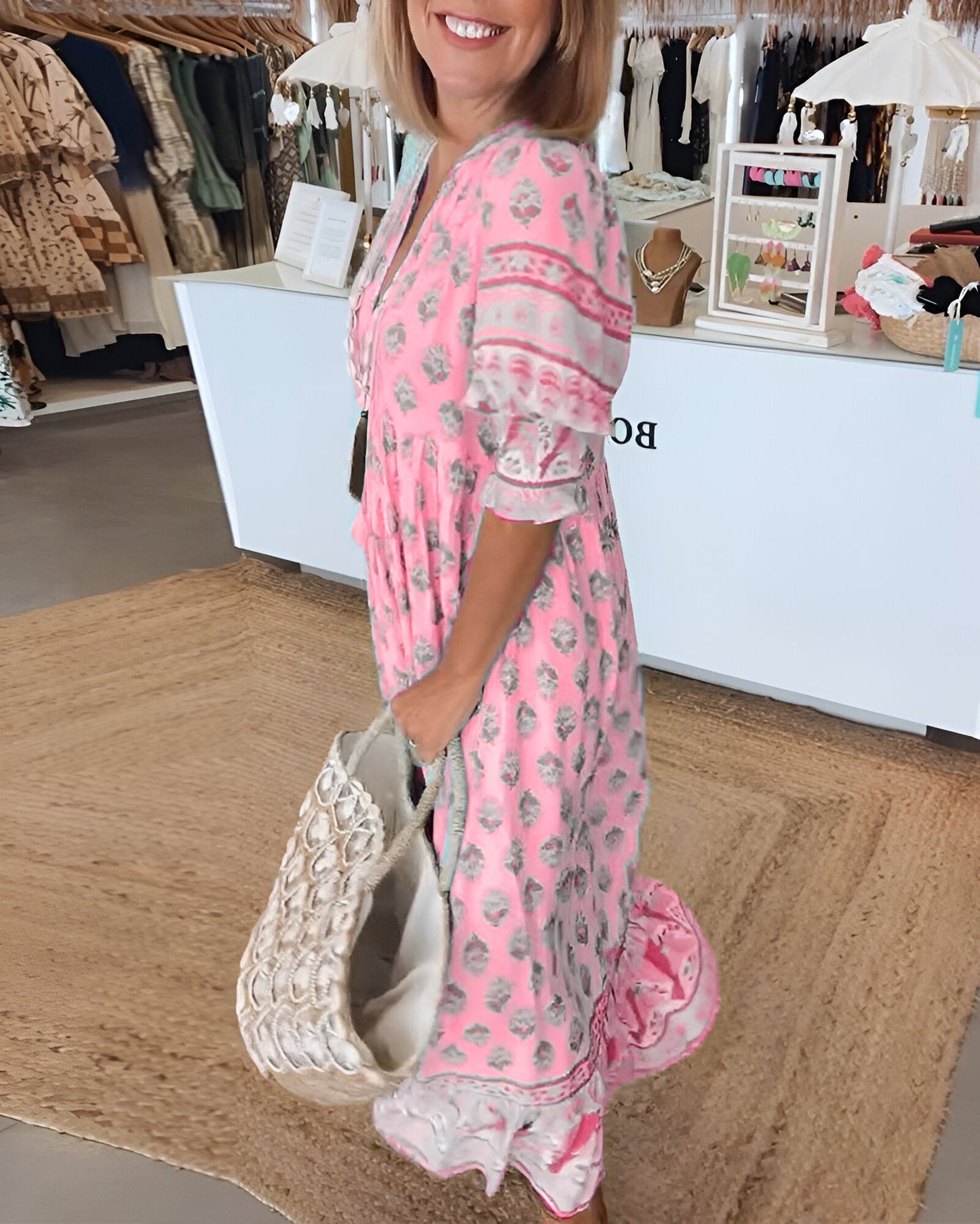 Robe longue femme – Fibres naturelles – Coupe fluide – Motif fleuri bohème – Col V