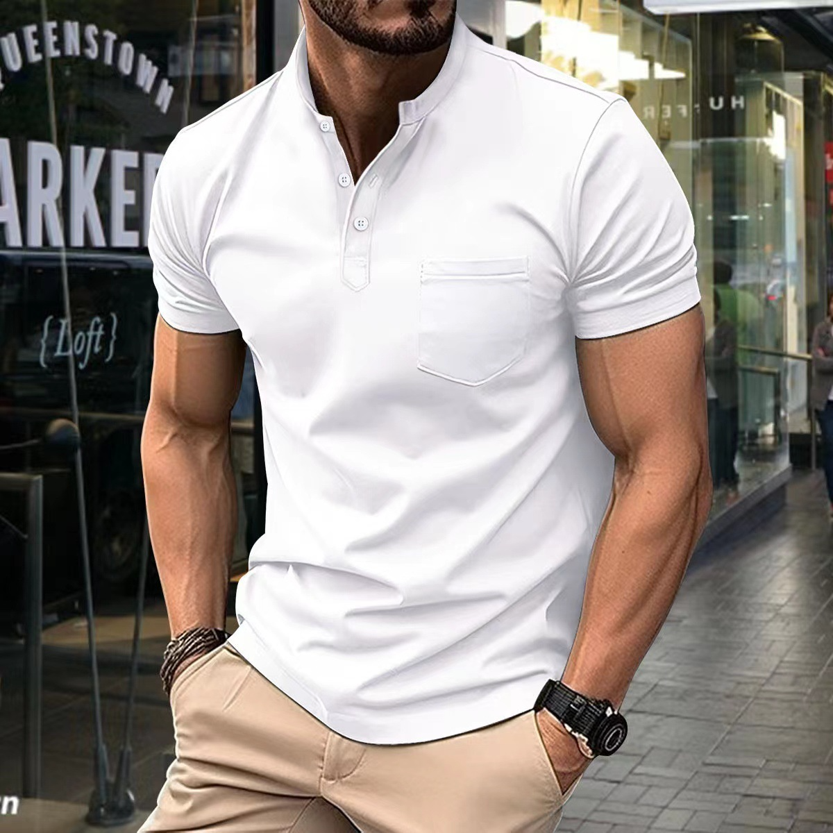 Polo homme – Coupe slim – Maille douce – Col montant – Manches courtes – Poche poitrine