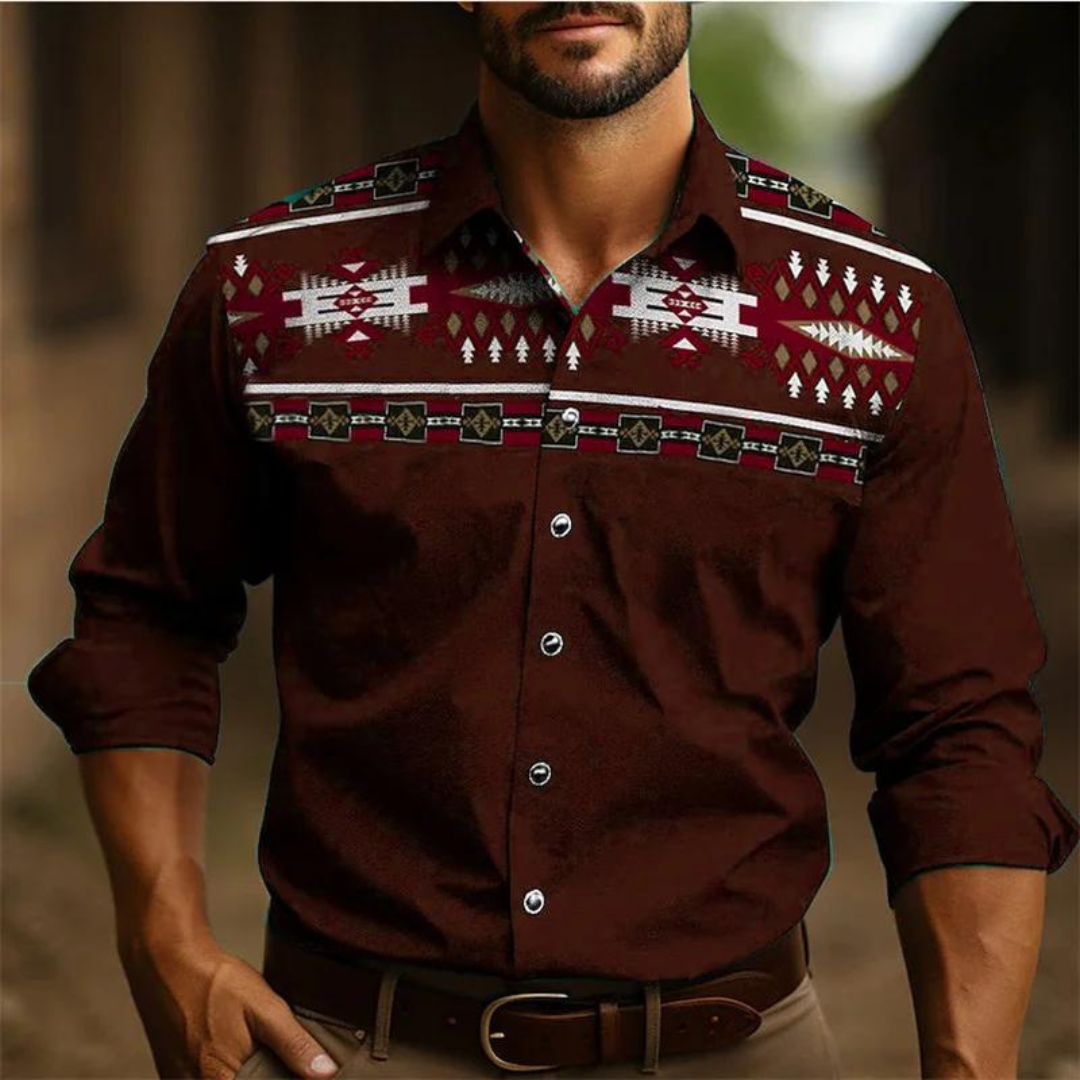 Chemise homme – Coupe ajustée – Manches longues – Motif géométrique rétro – Tissu respirant