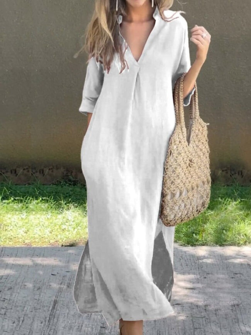 Robe longue femme – Coupe décontractée – Tissu respirant – Manches 3/4 – Col en V