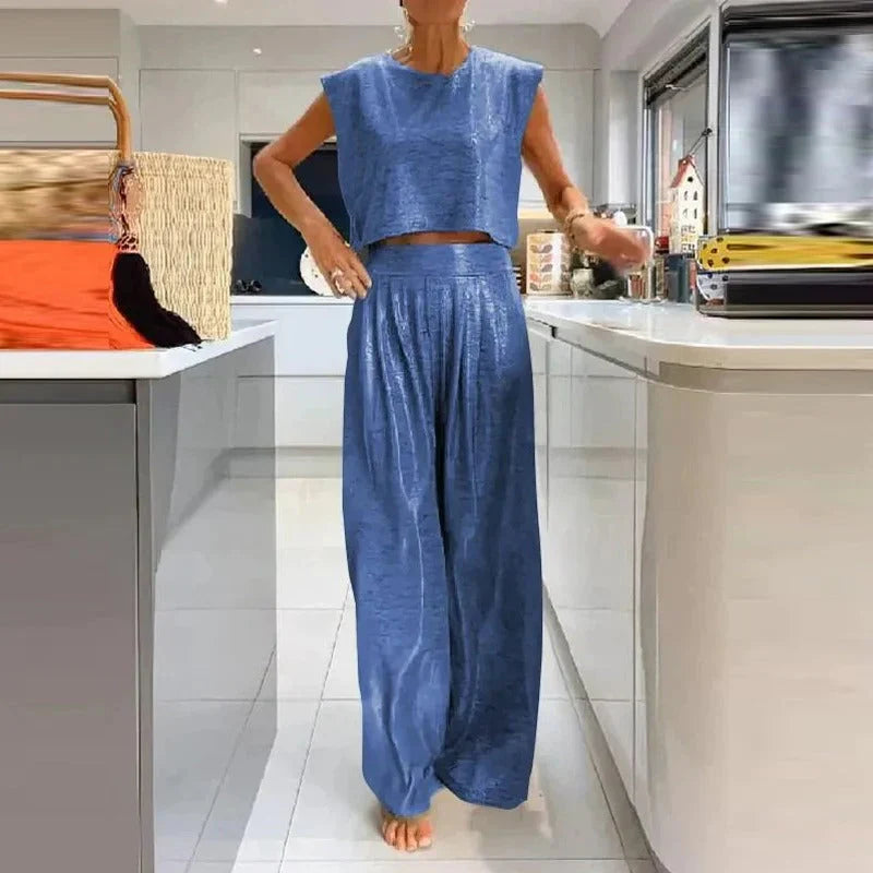 Ensemble femme deux pièces – Top court sans manches – Pantalon large taille haute – Tissu satiné