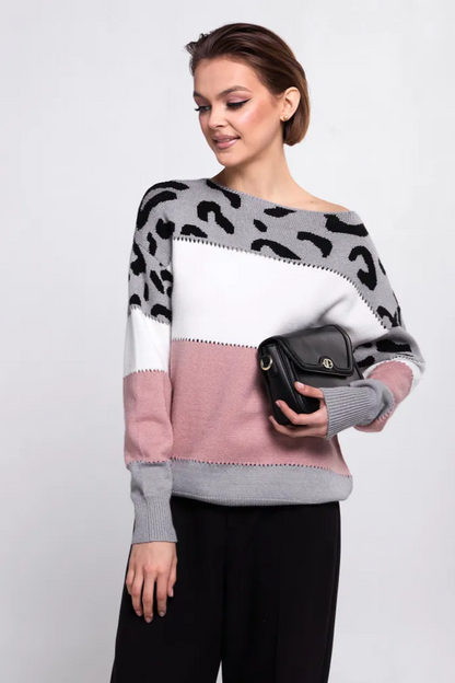 Femme Pull Oversize - Tricot Doux - Motif Animal - Bordures Côtelées - Décontracté