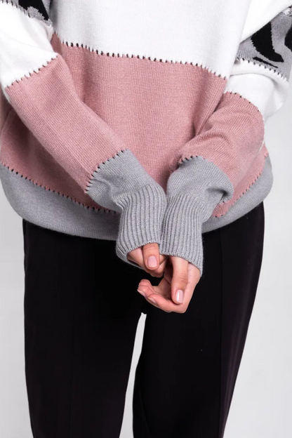 Femme Pull Oversize - Tricot Doux - Motif Animal - Bordures Côtelées - Décontracté