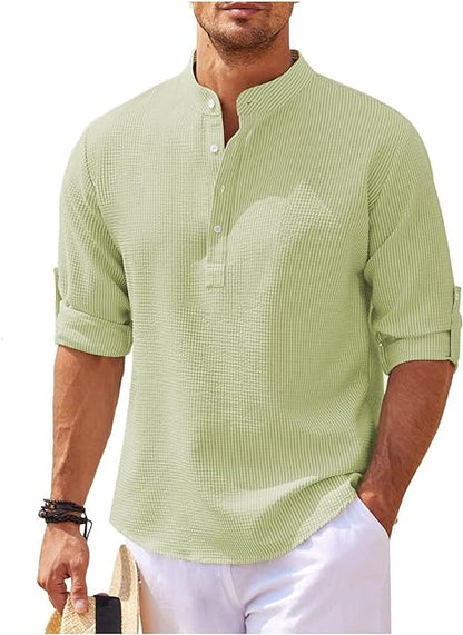 Chemise homme décontractée – Coupe ample – Col mao – Tissu respirant – Poignets boutonnés