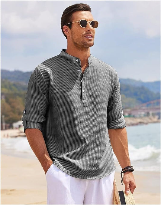 Chemise homme décontractée – Coupe ample – Col mao – Tissu respirant – Poignets boutonnés