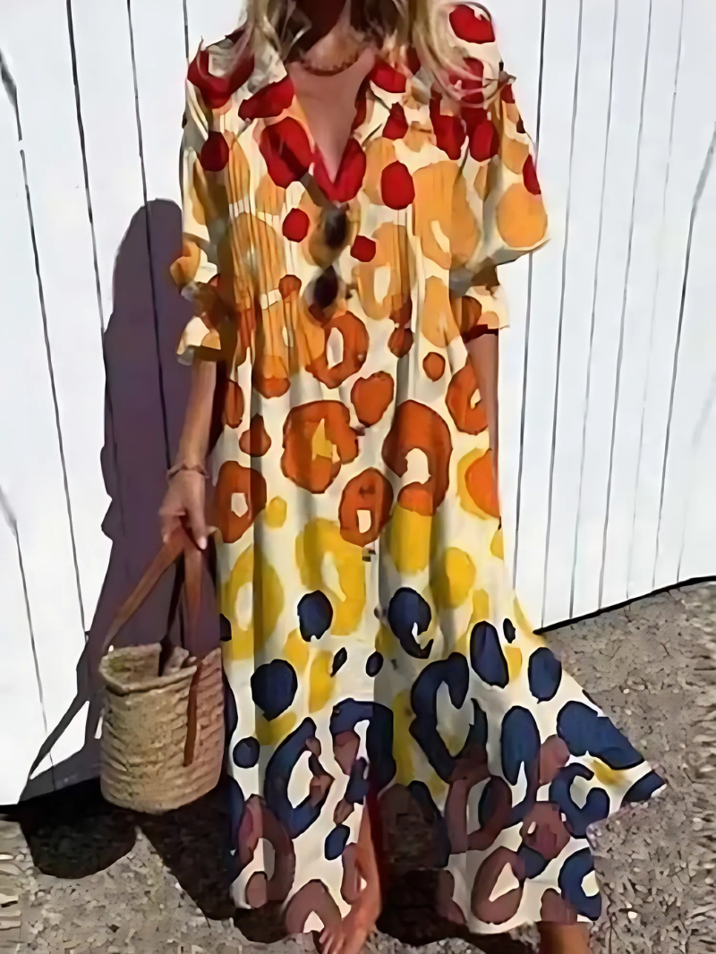 Robe longue femme – Coupe décontractée – Tissu respirant – Boutonnée – Imprimé rétro