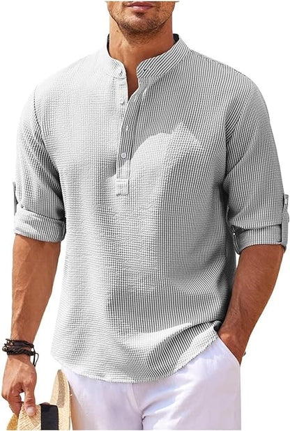 Chemise homme décontractée – Coupe ample – Col mao – Tissu respirant – Poignets boutonnés
