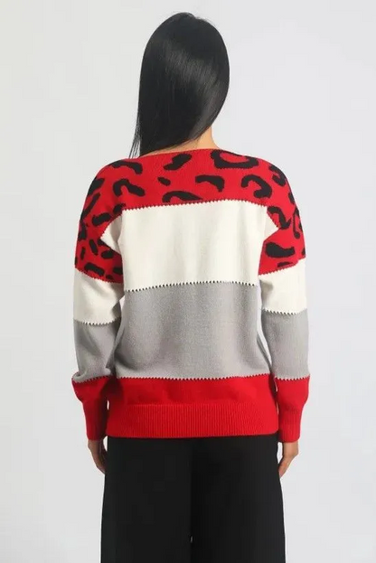 Femme Pull Oversize - Tricot Doux - Motif Animal - Bordures Côtelées - Décontracté