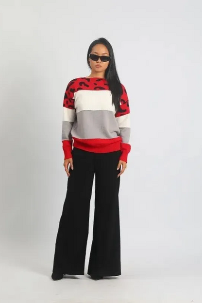 Femme Pull Oversize - Tricot Doux - Motif Animal - Bordures Côtelées - Décontracté