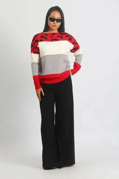 Femme Pull Oversize - Tricot Doux - Motif Animal - Bordures Côtelées - Décontracté