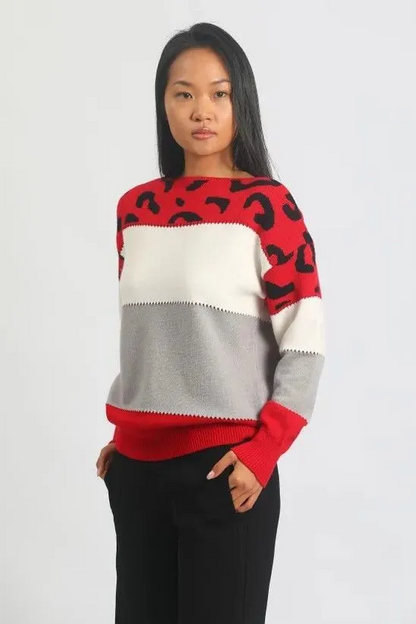 Femme Pull Oversize - Tricot Doux - Motif Animal - Bordures Côtelées - Décontracté