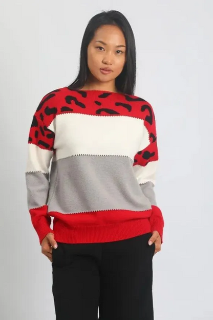 Femme Pull Oversize - Tricot Doux - Motif Animal - Bordures Côtelées - Décontracté