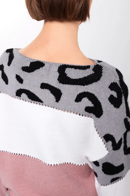 Femme Pull Oversize - Tricot Doux - Motif Animal - Bordures Côtelées - Décontracté