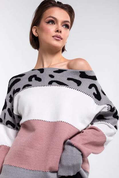 Femme Pull Oversize - Tricot Doux - Motif Animal - Bordures Côtelées - Décontracté