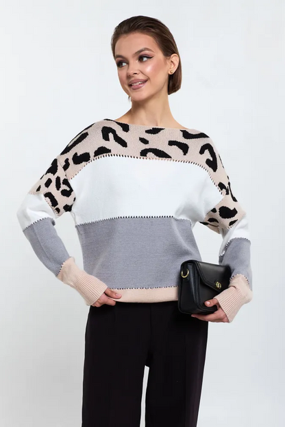 Femme Pull Oversize - Tricot Doux - Motif Animal - Bordures Côtelées - Décontracté