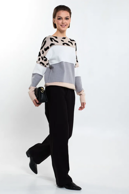 Femme Pull Oversize - Tricot Doux - Motif Animal - Bordures Côtelées - Décontracté
