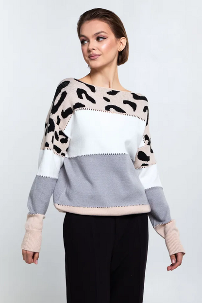Femme Pull Oversize - Tricot Doux - Motif Animal - Bordures Côtelées - Décontracté