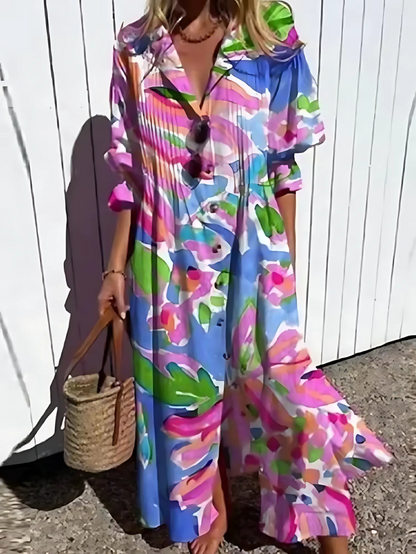 Robe longue femme – Coupe décontractée – Tissu respirant – Boutonnée – Imprimé rétro