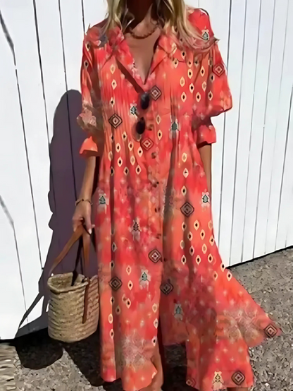 Robe longue femme – Coupe décontractée – Tissu respirant – Boutonnée – Imprimé rétro