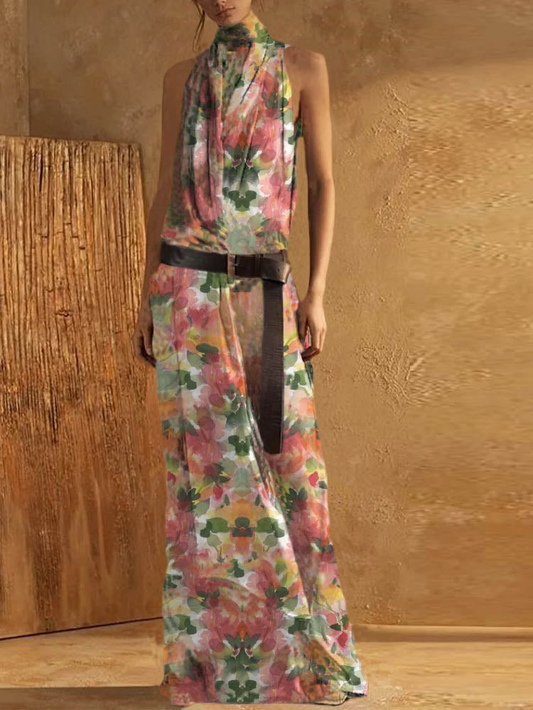 Robe longue femme – Col montant – Sans manches – Coupe fluide – Ceinture à boucle