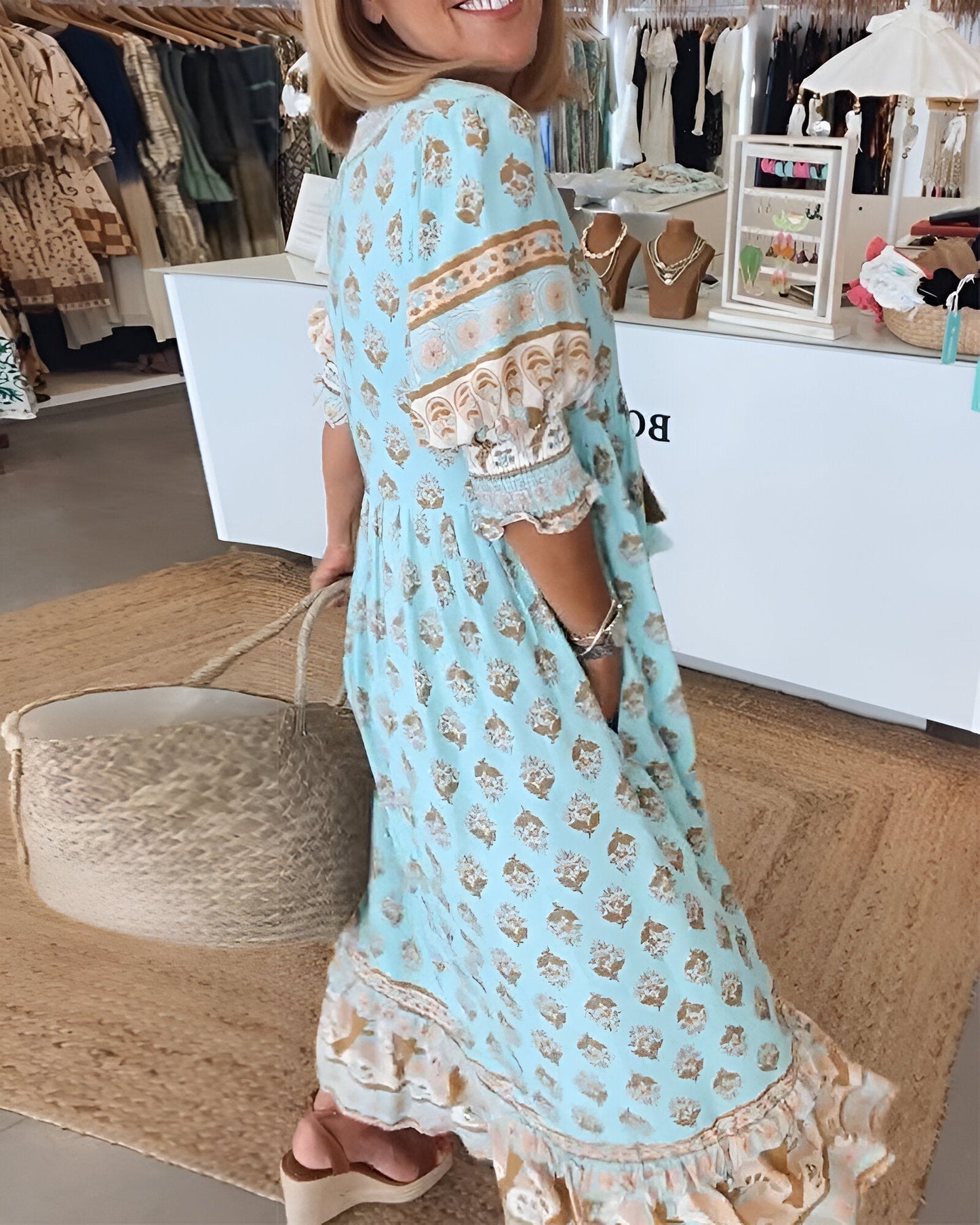Robe longue femme – Fibres naturelles – Coupe fluide – Motif fleuri bohème – Col V