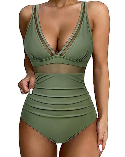 Maillot de bain femme – Coupe moulante – Décolleté plongeant – Détails en mesh respirants