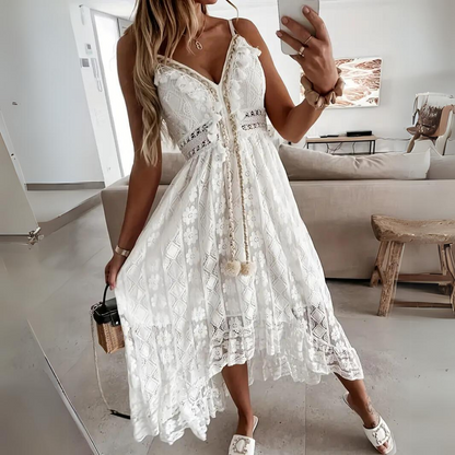 Robe midi femme – Coupe fluide – Détails en dentelle – Bretelles fines – Style bohème